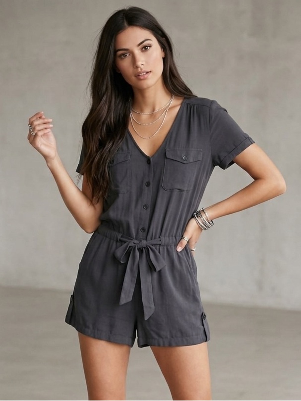 Rory Beca x Forever 21 Romper 2011 Dark Gray Drawstring Button Front M